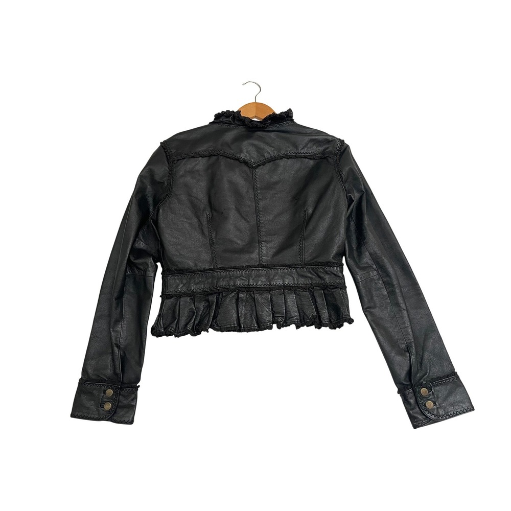 Moda International Leather Jacket Womens Medium Black Ruffle Peplum Cropped - Picture 2 of 7